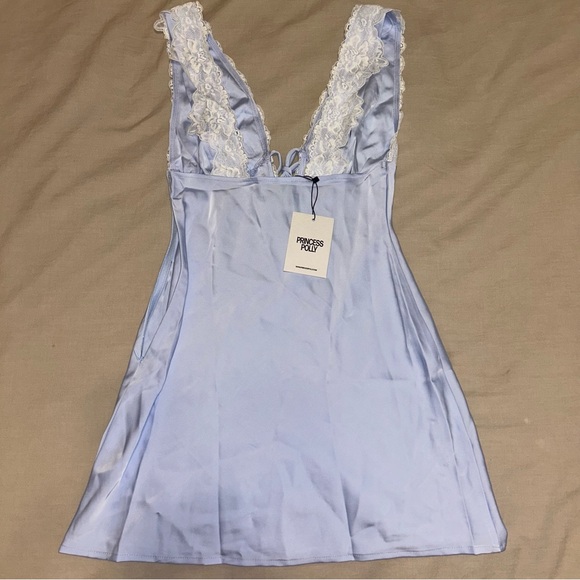 Princess Polly Nourish Light Blue Silk Mini Dress with white lace detail - Picture 2 of 4